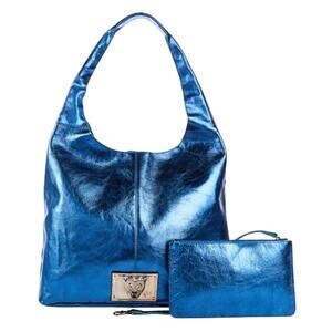 New Sharif Legacy Pearlized Blue Slouchy Leather Hobo with Wristlet